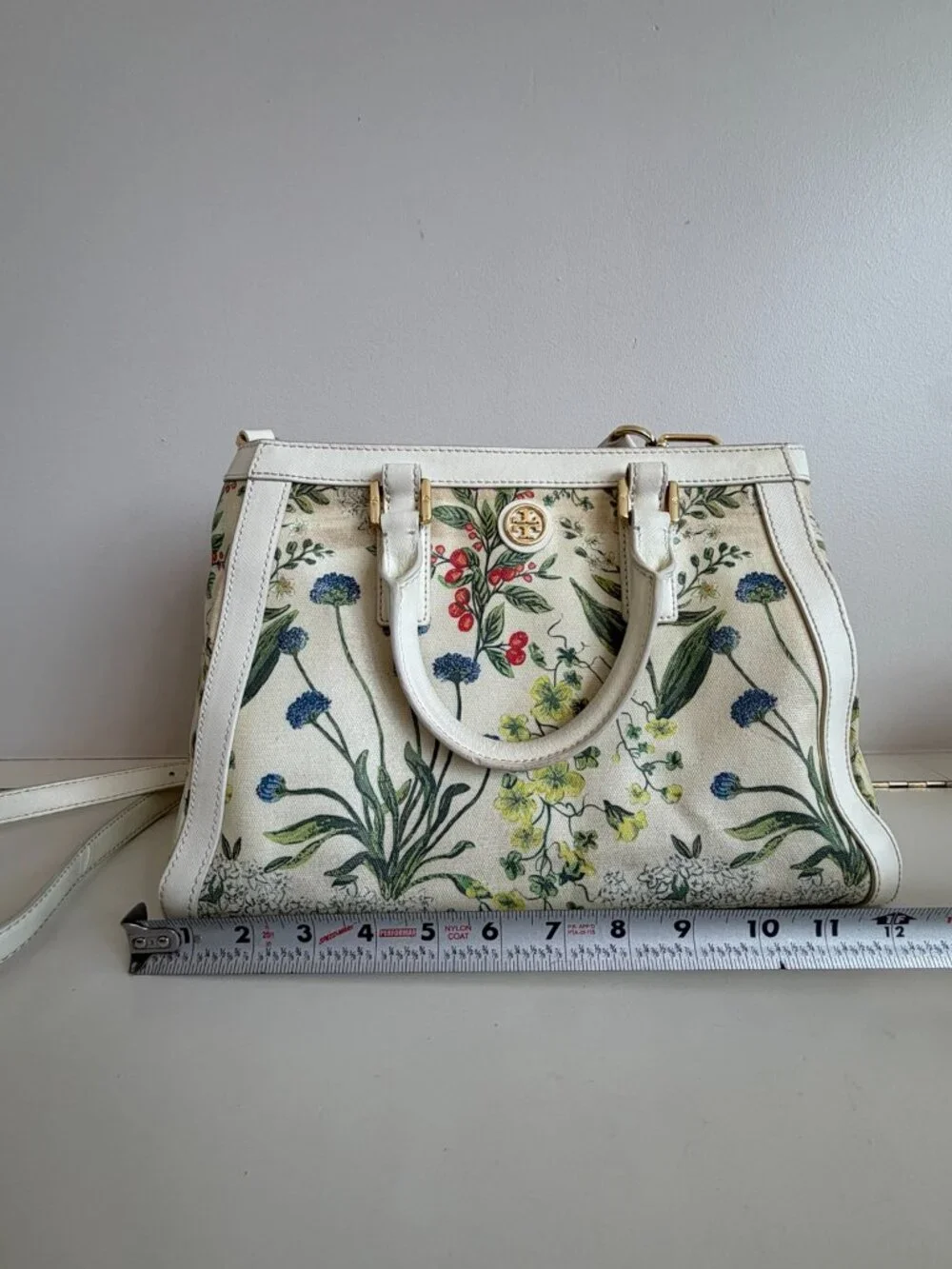 Tory Burch Floral Botanical Canvas Satchel Shoulder Bag Ivory Gold